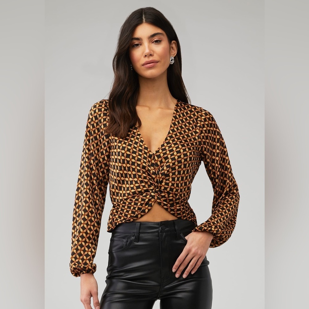 NWT MINKPINK Valentina Black Tan Floral Twist Satin Blouse Balloon Sleeve XS